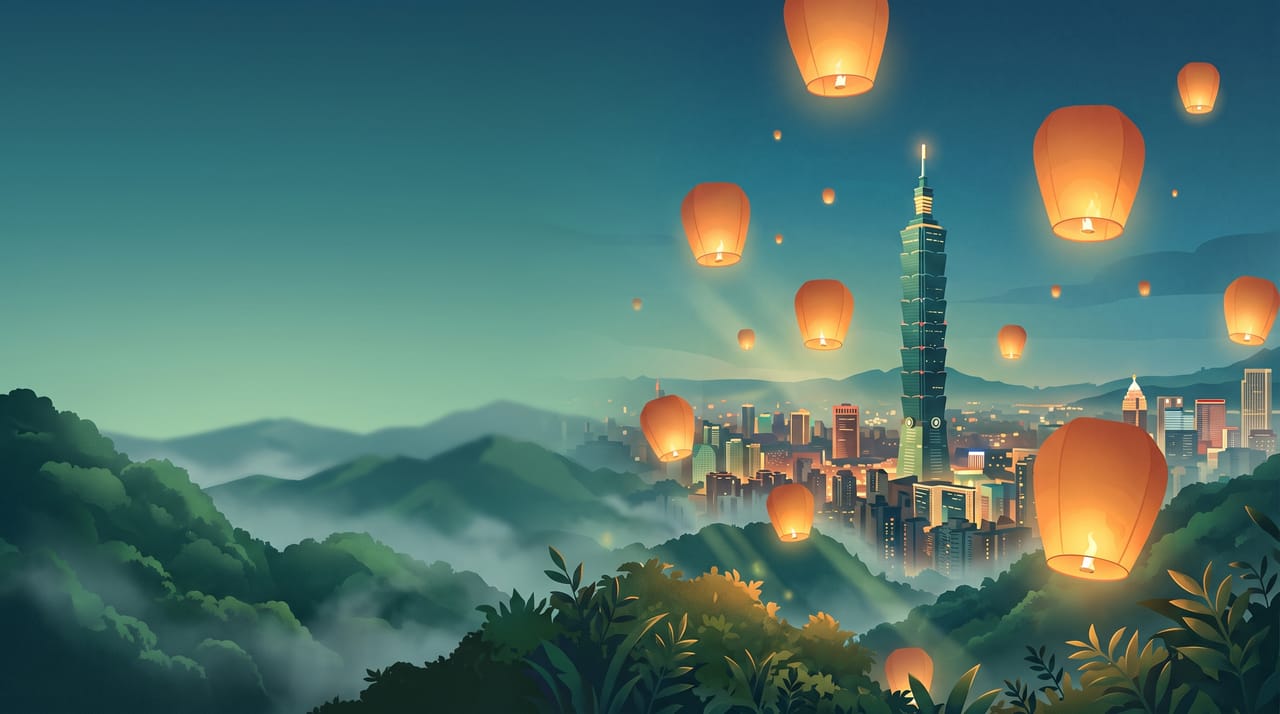 Illustration of Taipei 101 and misty green mountains with sky lanterns at dusk, Taiwan